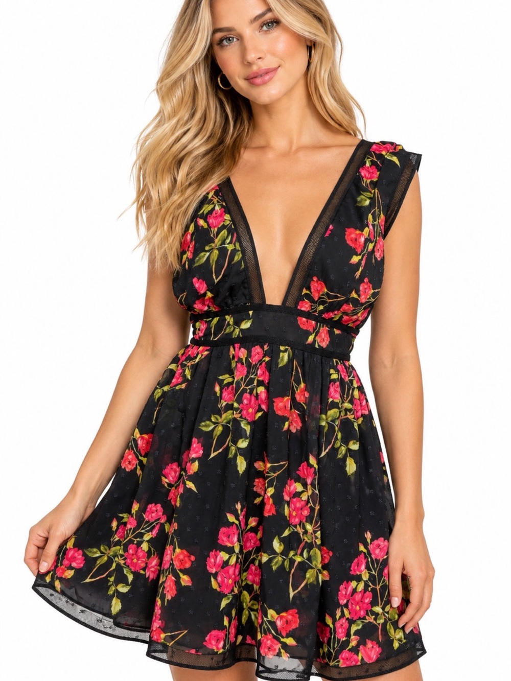 NBD Black Mini Dress with Pink Floral Print. Size M